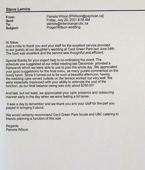 Testimonail Letter - It was a day to remember and we thank you and your staff for the part you played in bringing it about.