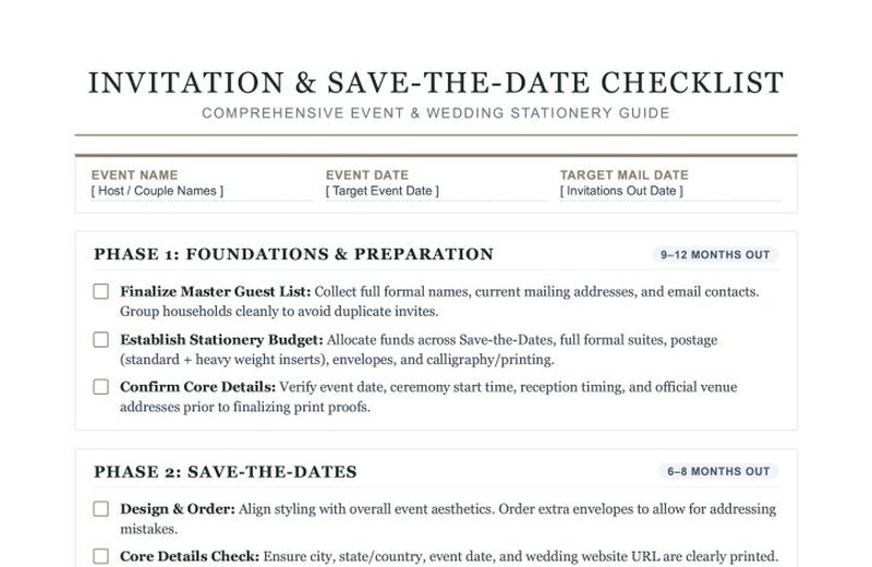 Printable wedding save-the-date and invitation timeline checklist guide showing stationery milestones