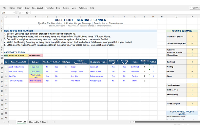 Preview of the free wedding guest list and seating planner Excel template showing table assignments and RSVP tracking sheets