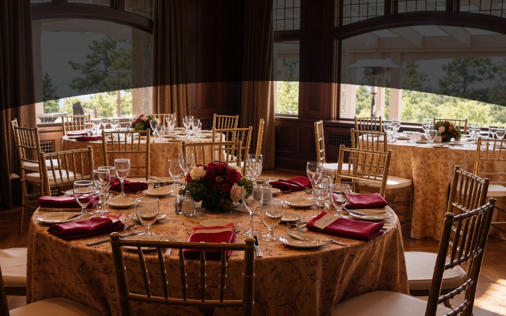 Elegant banquet hall set for a wedding reception with round tables, gold chiavari chairs, red napkins, floral centerpieces, and large arched windows