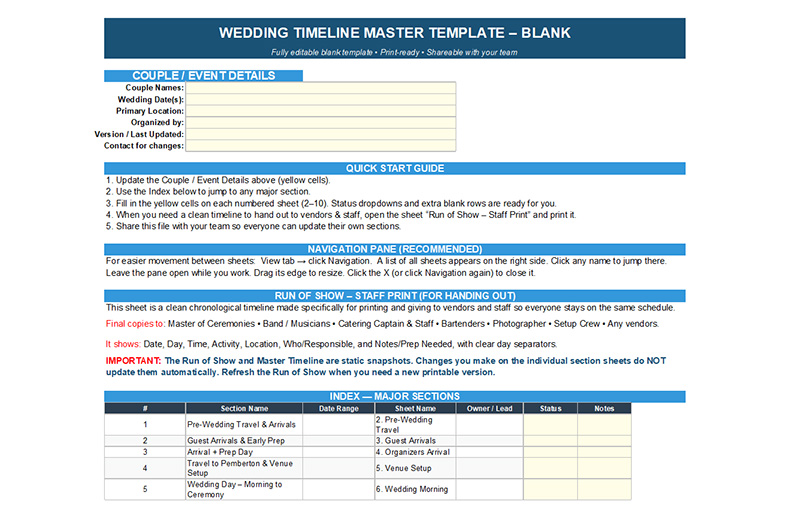 Sample screenshot of the 13-sheet professional wedding timeline Excel workbook showing run-of-show vendor schedules